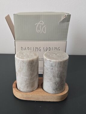 Marble Salt and Pepper Shaker Set with Wood Holder